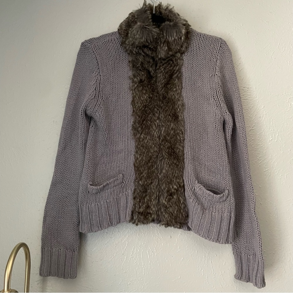 Chunky Grey Zara Knit Open Sweater Cardigan with Faux Vegan Fur - Picture 4 of 8